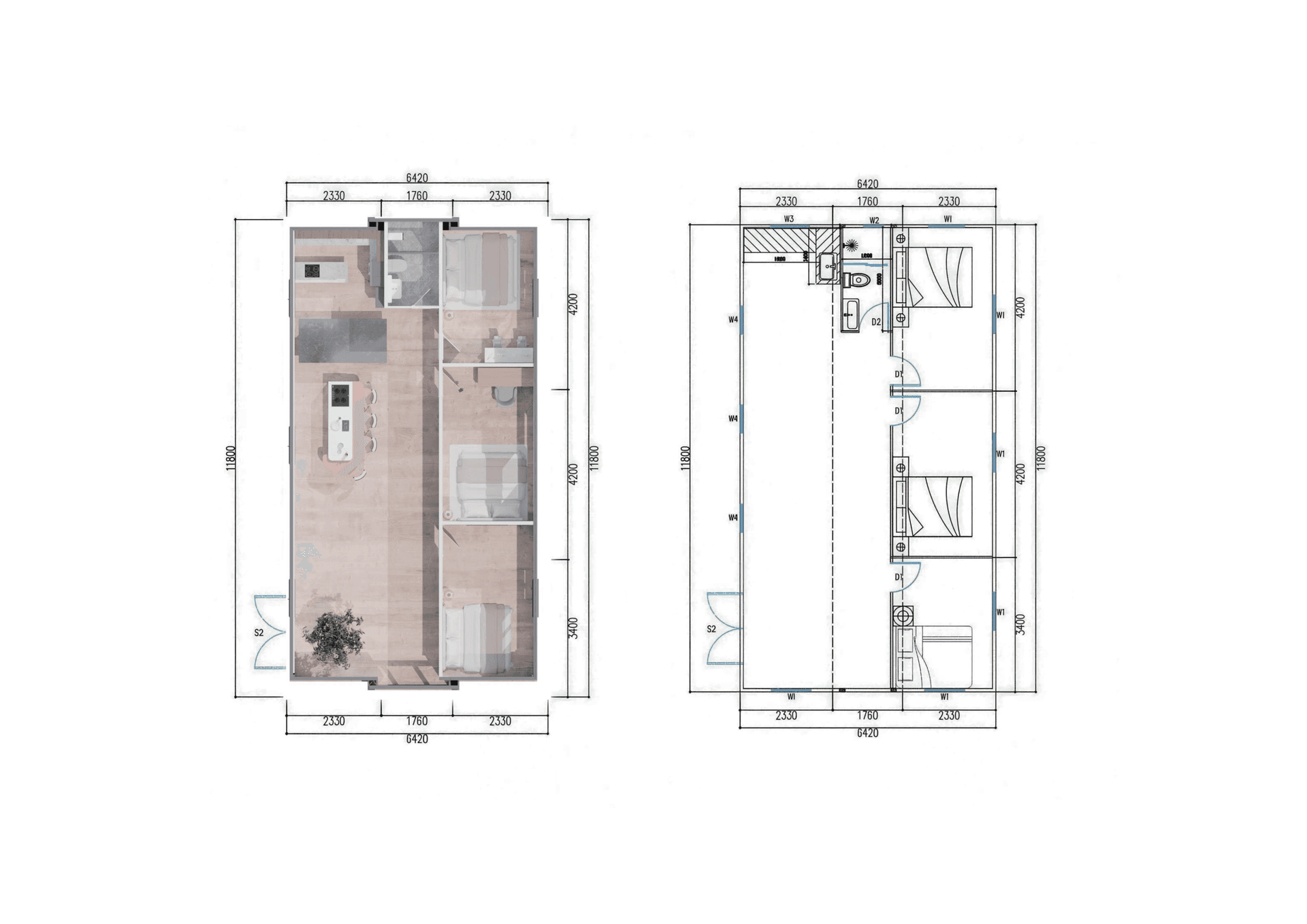 40ft Single Double-Wing Folding Home floor plan